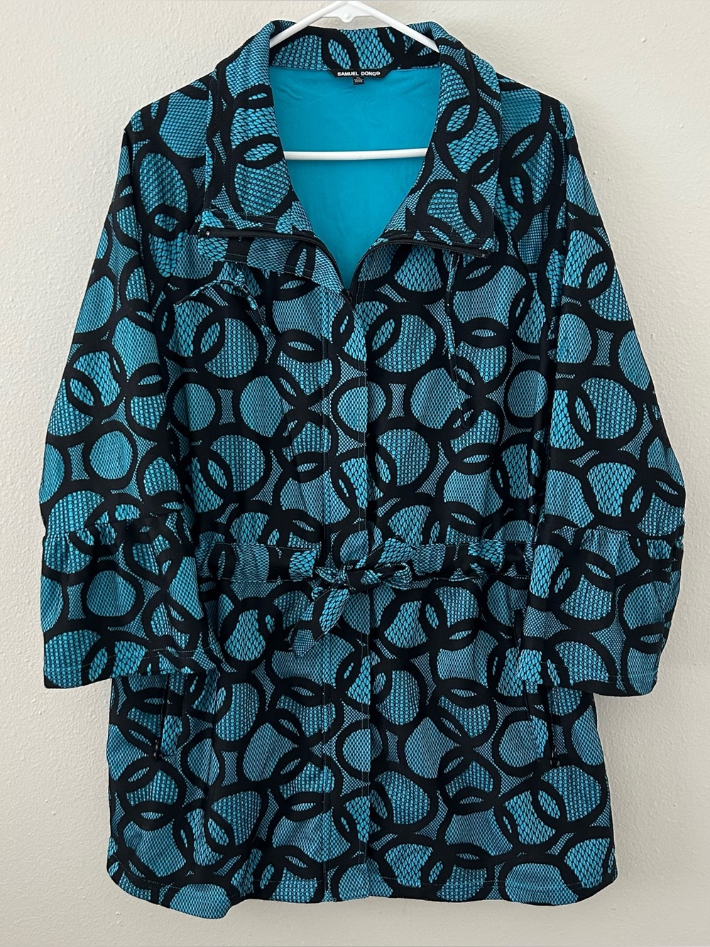 Samuel Dong Blue Black Circles Jacket Women’s XL Bell Sleeve Cinched Waist Artsy